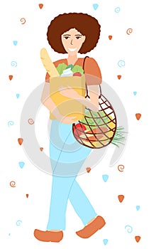 Young smiling woman holding paper and mesh net bag with natural daily products. Cartoon flat style person carrying
