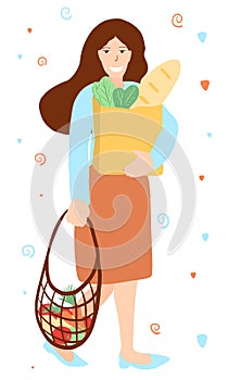 Young smiling woman holding paper and mesh net bag with natural daily products. Cartoon flat style person carrying