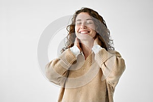 Young smiling woman laughing standing isolated at white background.