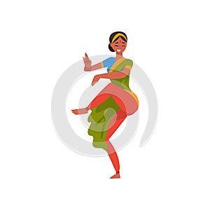 Young Smiling Woman Performing Folk Dance, Female Indian Dancer Character in Traditional Clothes Vector Illustration