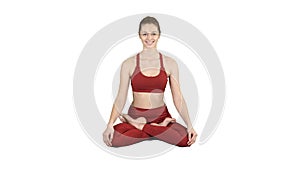 Young smiling woman practicing yoga, doing Padmasana exercise, L