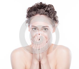 Young smiling woman scared face expression