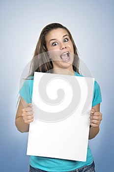 Young smiling woman show blank card.