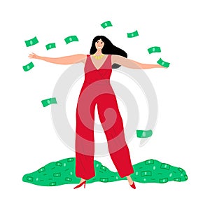 Young smiling woman standing and catching falling money vector illustration