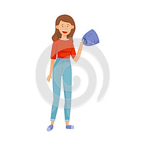 Young Smiling Woman Standing and Holding Crying Mask in Her Hands Vector Illustration