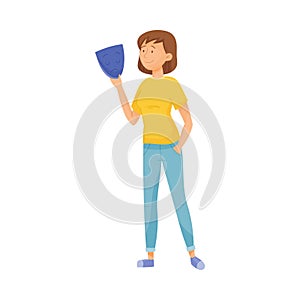 Young Smiling Woman Standing and Holding Sad Mask in Her Hands Vector Illustration