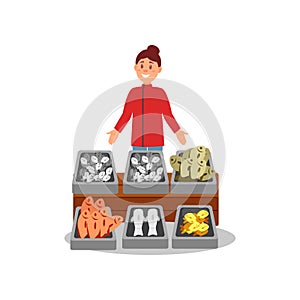 Young smiling woman standing near stand with fresh fish at local market. Street seafood shop. Flat vector design