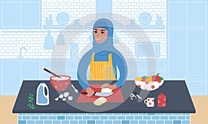 Young smiling woman wearing a hidjab preparing a meal. Flat style vector illustration.