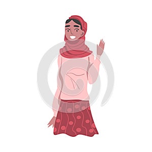 Young Smiling Woman Wearing Hijab Waving Hand Vector Illustration