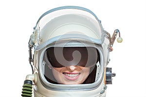 Young smiling woman wearing space suit isolated on white background. Space beauty astronaut concept