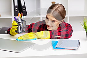 Young Smiling Woman in Yellow Gloves Cleaning House