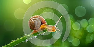 Young snail sits on the plant stem. Natural green background, transparent dew water drops. For skin products