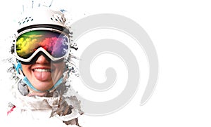 A young snowboard girl wearing a helmet and glasses put out her tongue. The mask reflects the demand.