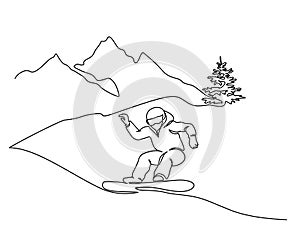 Young snowboarder man ride fast snowboard at snowy mountain.