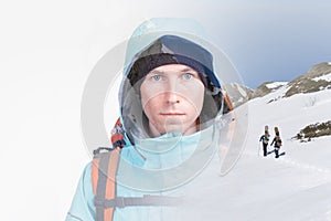 Young snowboarders in snowy winter mountains. Double exposure effect photography