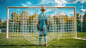 Young soccer goalie in teal waiting in front of the goal on a sunny day.