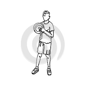 Young soccer player with a ball one continuous line drawing vector illustration isolated on white background.