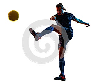 Young soccer player isolated white background silhouette shadow