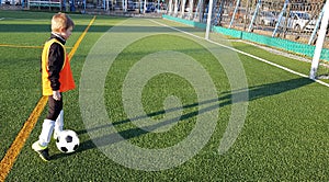 Young Soccer Player Kicking Ball on Soccer Pitch. Boy in Sports Clothing Playing Football. Child Training Soccer with Soccer