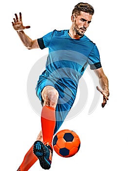 Young soccer player man isolated white background standing
