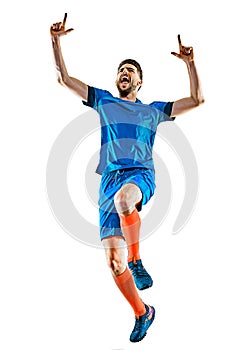 Young soccer player man isolated white background standing