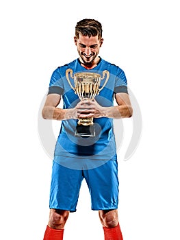 Young soccer player man isolated white background standing