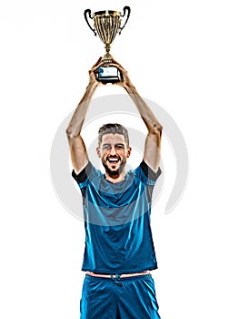 Young soccer player man isolated white background standing