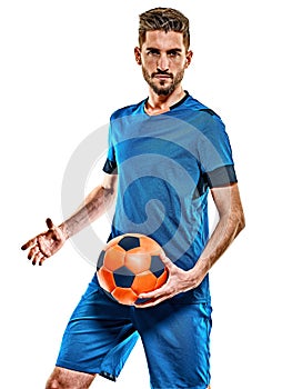 Young soccer player man isolated white background standing