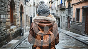 Young solo traveler in spain s old town, backpacking through charming streets on a vacation