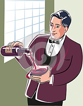 Young sommelier, intent on pouring wine from a bottle