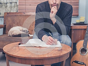 Young songwriter sitting on sofa at home