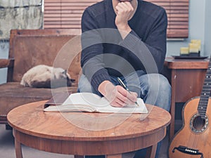 Young songwriter sitting on sofa at home