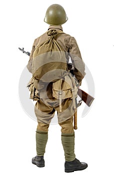 young Soviet soldier with rifle, back view, on the white background