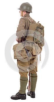 Young Soviet soldier with rifle on the white background