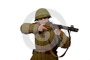 Young Soviet soldier shoots with his ppsh 41