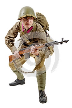 Young Soviet soldier with SVT rifle on the white background