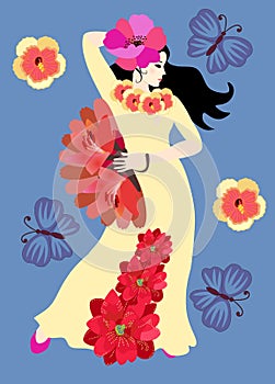 Young spanish girl flamenco dancer in long yellow dress, decorated flowers, with red fan on her hand