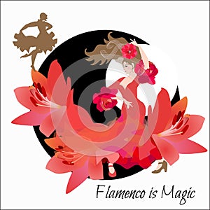 Young spanish girl in red dress, decorated huge lily flowers, dances flamenco against black silhouette  in shape of moon.