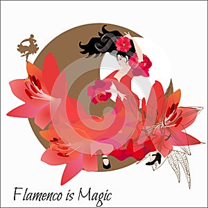 Young spanish girl in red dress, decorated huge lily flowers, dances flamenco against golden moon silhouette on white background.