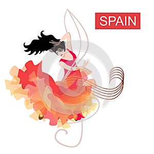 Young spanish girl in red dress, with manton in shape of flying bird, dancing flamenco on treble clef against white background. photo