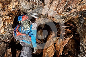 Cave exploration with helmet and headlight
