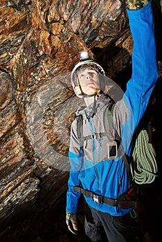 Cave exploration with helmet and headlight