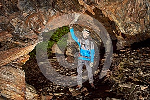Cave exploration with helmet and headlight