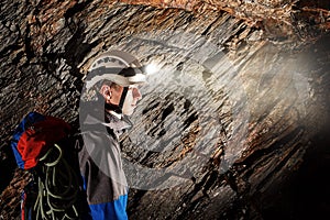 Cave exploration with helmet and headlight