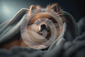 A young Spitz dog under a blanket. The pet is basking under the plaid. The concept of caring for pets.