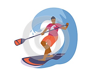 Young sport man float on paddle board in twirl of waves of sea, ocean or lake.