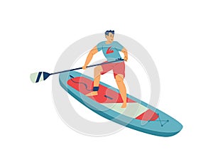 Young sport man with paddle do board exercises engaging of extreme sup surf.