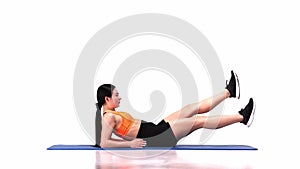 Young sportive girl lying on mat and training over white studio background. Scissors exercises. Concept of sport, health