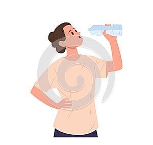 Young sportive woman isolated cartoon character drinking water from plastic bottle feeling wellbeing