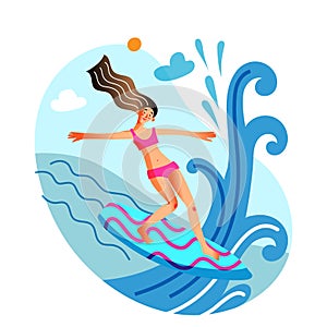 Young sportive woman surfing enjoy riding in wave